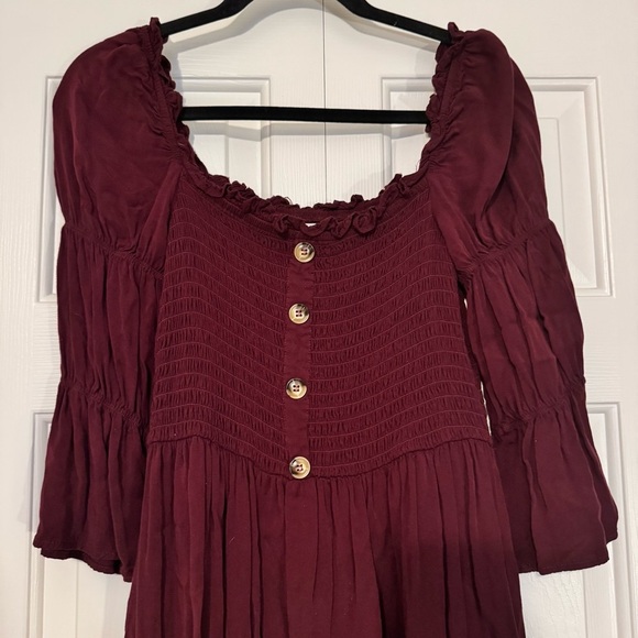 Pink Lily Wine Colored Smocked Long Sleeve Mini Dress - Picture 2 of 7